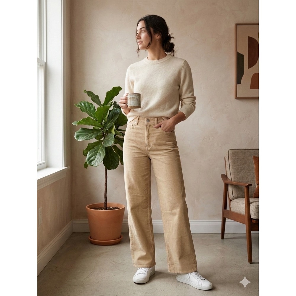 Rag & Bone Logan Mid-Rise Wide Leg‎ Pants Beige Cotton Lyocell  28